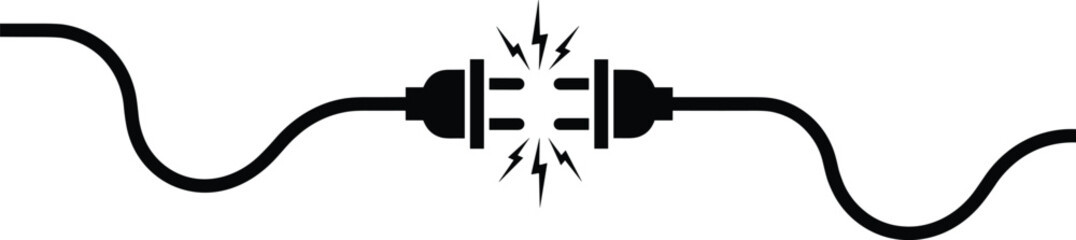 Electrical plug and socket vector with a connection spark, symbolizing power, energy, connection, data transfer, electricity, and technical malfunction concept.
