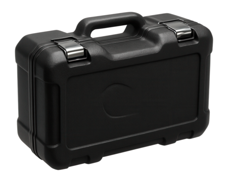 Durable plastic case with snap locks for safely transporting an angle grinder.