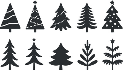Collection of christmas trees silhouettes isolated on transparent background