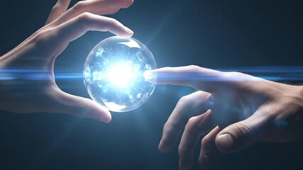 Hands touching glowing digital crystal globe with blue network lights - Powered by Adobe
