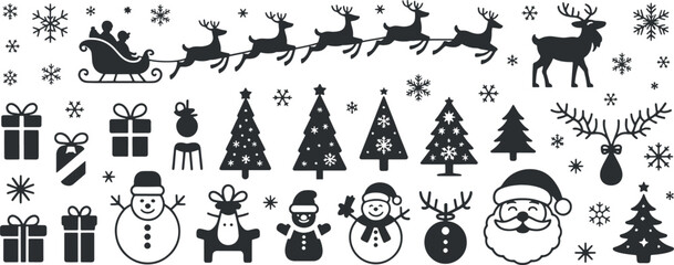 Christmas Silhouette Elements Set – Santa, Reindeer, Tree, Snowman, Gifts, Ornaments, Snowflakes, Holiday Decorations, Winter Celebration Clipart