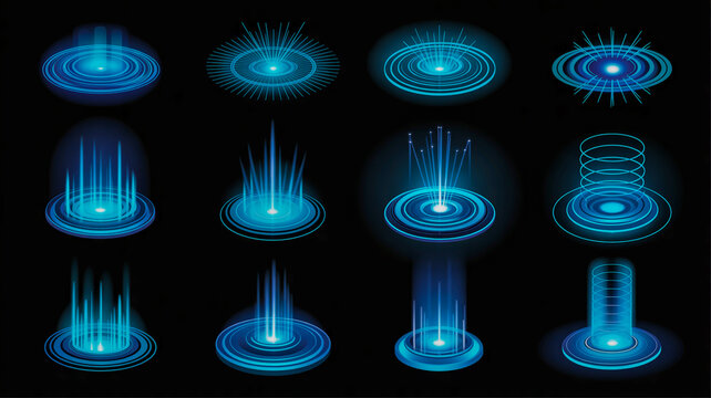 Blue holographic light effects set, futuristic virtual portals