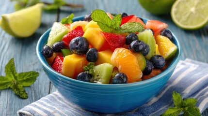 Fresh fruits like strawberries blueberries and melons are combined in a vibrant salad with mint.