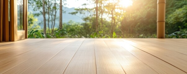 Obraz premium Wooden Deck Overlooking Lush Green Forest With Sunlight,nature ,balcony