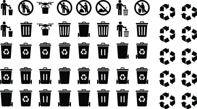 Extensive vector set of trash bins, recycling symbols, and prohibited waste disposal icons for environmental signage, safety, and waste management design.