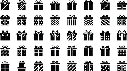 Mega vector set of various black gift box and present icons with ribbons and patterns, ideal for holidays, shopping, celebration, and surprise concepts.