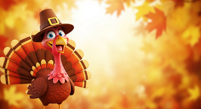 Cartoon turkey wearing hat, against autumn leaf background, evocative of Thanksgiving. Cheerful mood, holiday festive, family celebration theme