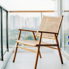 Obraz premium Woven Chair on Balcony Modern Relaxing with City View. , Furniture, Balcony