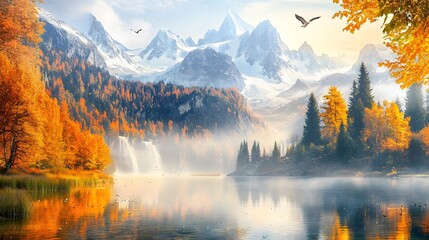 Fototapeta premium Serene waterfall scene surrounded by autumn beauty high resolution picture