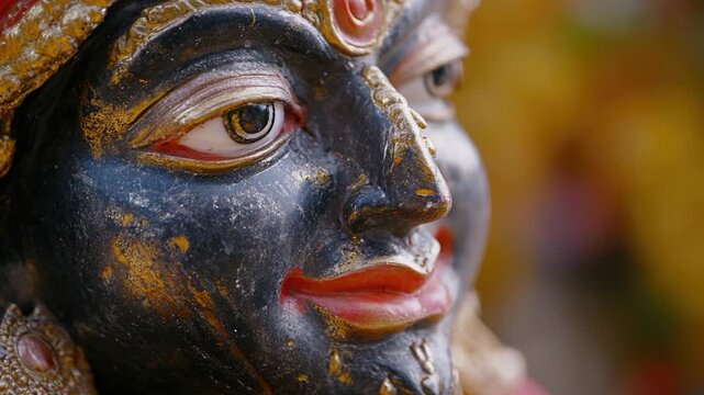 A detailed view of a female figure's facial features from a statue