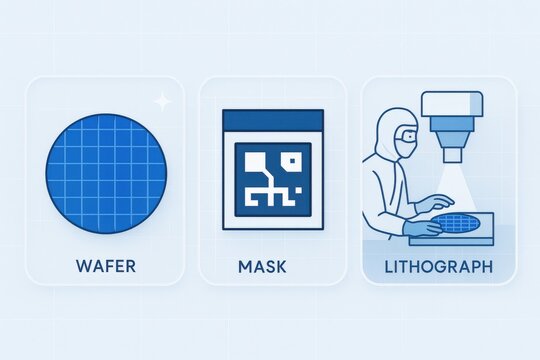 Advanced semiconductor fabrication process illustrating wafer lithography and mask design showcasing precision in microfabrication technology