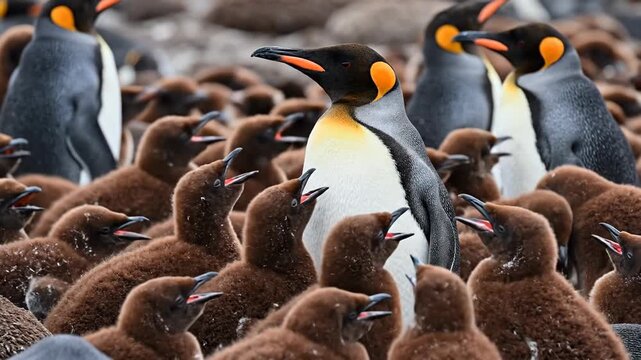 Majestic adult king penguin surrounded by adorable fluffy brown chicks in crowded colony.