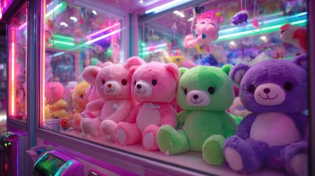 Soft, colorful plush bears sit inside a claw machine, illuminated by vibrant neon lights in an arcade setting. Visitors eagerly watch and try to win their favorite stuffed animals.