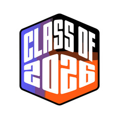A striking class of 2026 graphic featuring a hexagon shape with a bold color scheme, perfect for graduation announcements and celebratory designs, isolated