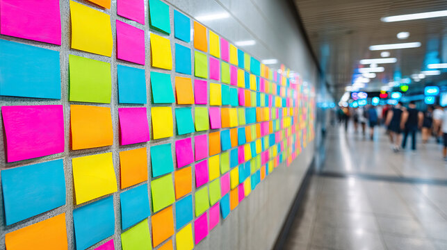 Colorful sticky note mural in busy subway corridor with blurred commuters and bright overhead lights creating energetic urban mood