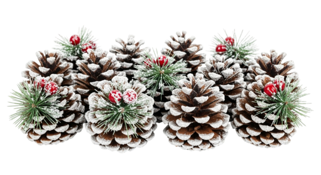 Group of pine cones with snow and red berries isolated on transparent background