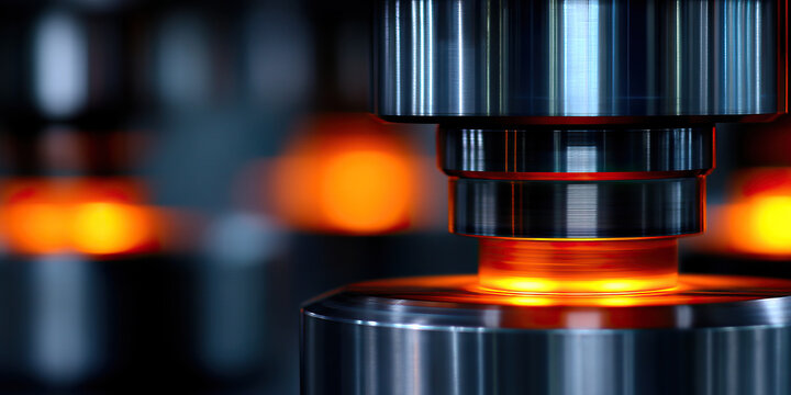 Glowing metal press industrial machinery metal forming warm lighting motion blur close up