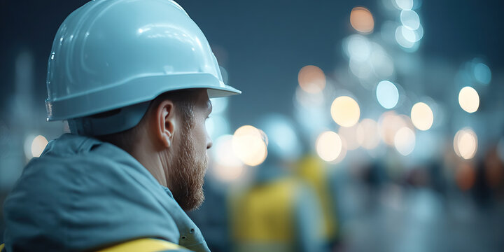 Construction worker in hard hat safety vest night shift with blurred industrial lights and crew, contemplative mood, cool bokeh background - Powered by Adobe