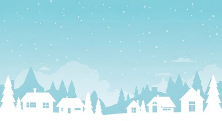 Peaceful Snowfall Over Serene Village Scene with Tall Pine Trees and Cozy Homes Under a Glistening Sky
