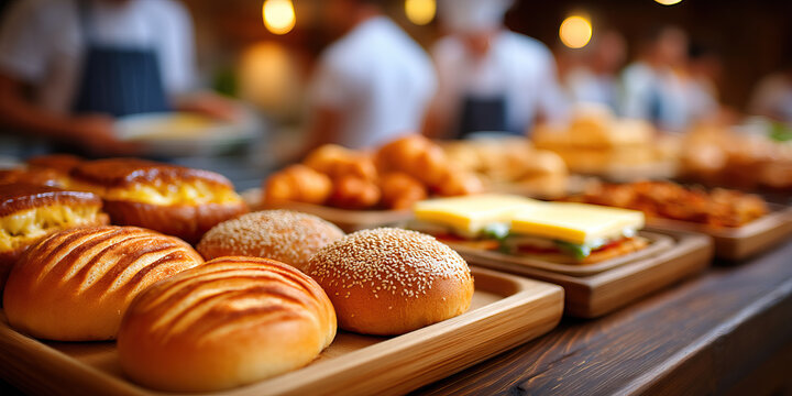 Fresh baked bread roll sesame bun sandwich cheese croissant pastry buffet breakfast bakery display warm atmosphere smiling staff blurred background