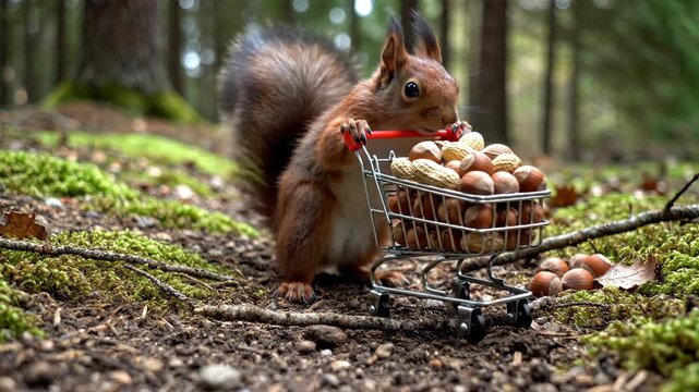 Cute squirrel pushing small shopping cart full of nuts in the forest.