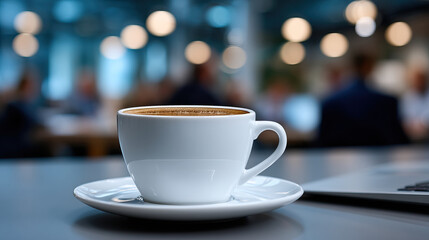 Obraz premium White coffee cup saucer laptop office bokeh morning beverage workspace productivity comfort