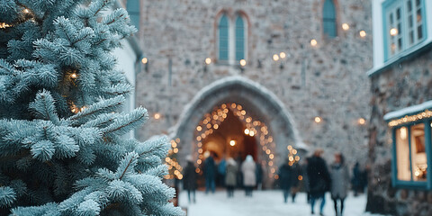 Snowy fir tree with frosted needles and warm string lights in front of blurred church entrance during festive evening, gentle atmosphere and holiday glow