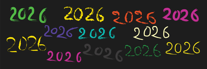 Colorful 2026 text in various styles and colors on a dark background