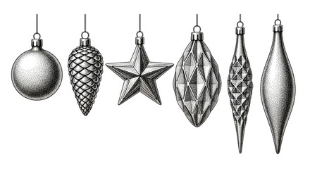 Handdrawn vintage christmas ornaments isolated on transparent background a set of festive decorations including a ball, pine cone, star, and teardrop shapes in black ink