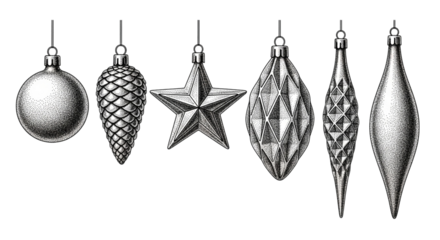 Handdrawn vintage christmas ornaments isolated on transparent background a set of festive decorations including a ball, pine cone, star, and teardrop shapes in black ink