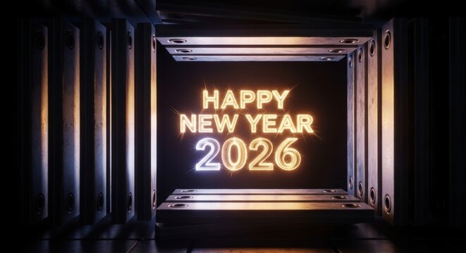 Happy new year 2026 sparkling text framed by futuristic structure