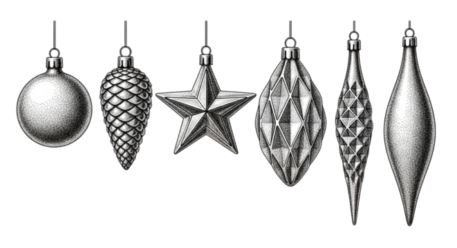 Handdrawn vintage christmas ornaments isolated on transparent background a set of festive decorations including a ball, pine cone, star, and teardrop shapes in black ink