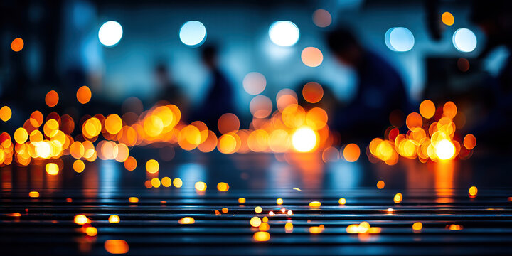 Blurred welding zone glowing soft sparks moving silhouette bokeh industrial workshop night scene with warm sparks and cool background lights