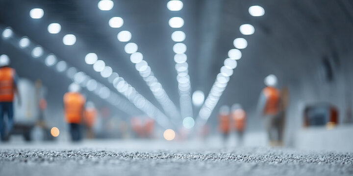Blurred tunnel construction scene workers moving under strong lights, orange vests, concrete floor, industrial tunnel depth, bokeh light trail, low angle perspective, motion atmosphere - Powered by Adobe