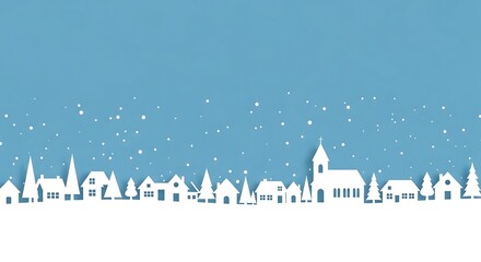 Whimsical Winter Village Scene with Falling Snowflakes Under a Clear Blue Sky, Perfect for Holiday, Christmas, and Seasonal Celebrations Marketing