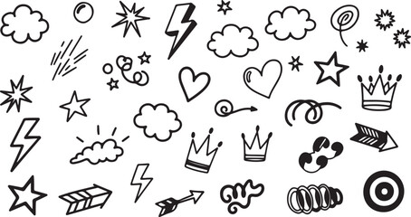 Assortment of Hand Drawn Doodle Icons Including Stars, Hearts, Clouds, and Crowns symbol sketch on transparent background