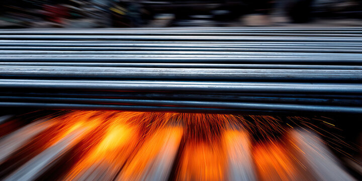 Metal rods stacked above glowing forge fire with motion blur and warm sparks conveying industrial intensity - Powered by Adobe