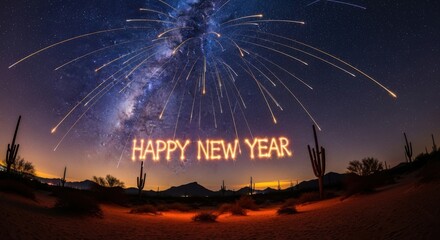 Happy new year text in light trails under desert milky way