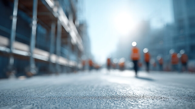 Blurred construction site worker scaffolding street sunlight urban safety helmet high visibility vest pavement shallow depth of field - Powered by Adobe