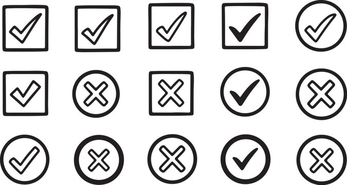 Check Mark and Cross Mark Icons in Boxes and Circles Simple Line Art Symbols x mark tick on transparent background
