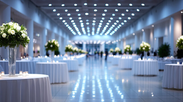 Elegant reception hall with round cocktail tables white floral centerpieces soft candlelight glossy tile floor overhead spotlights blurred guests mingling