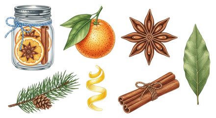 Watercolor illustration of christmas spices and ingredients isolated on transparent background includes orange, cinnamon sticks, star anise, bay leaf, pine branch, and lemon zest