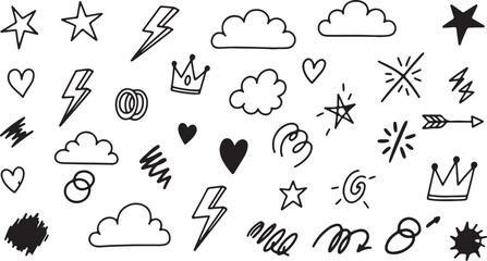 Hand Drawn Doodle Icons of Stars Lightning Bolts Clouds Hearts Crowns and Arrows on White Background on transparent background