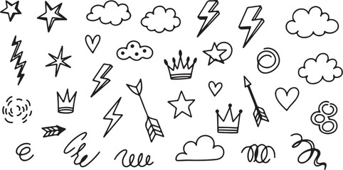 Hand Drawn Doodle Elements Stars Clouds Hearts Lightning Bolts Crowns Arrows Swirls sketch drawing on transparent background