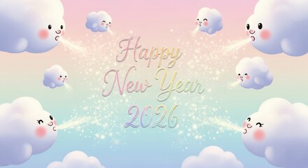 Whimsical cartoon clouds blowing magic sparkles for happy new year