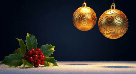 Image of two golden baubles and green holly with red berries on snow, representing festive holiday spirit, celebration, and Yuletide decoration