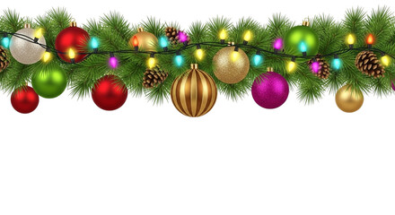 Festive christmas garland with colorful ornaments and twinkling lights, isolated on transparent background, creating a joyful and decorative border for holiday designs