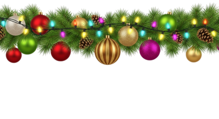 Festive christmas garland with colorful ornaments and twinkling lights, isolated on transparent background, creating a joyful and decorative border for holiday designs