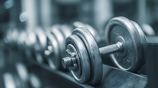 A row of metal dumbbells neatly arranged in a fitness gym setting - Powered by Adobe
