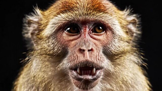 Aggressive macaque monkey bares teeth in intense close-up on black background